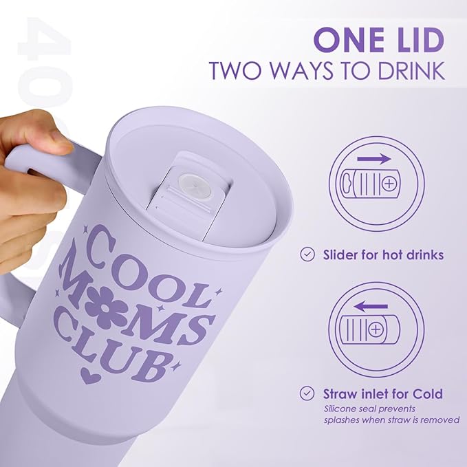 Gift for Mom - Cool Mom Club Stainless Steel Tumbler with Handle, Travel Coffee Mug for Moms - Gifts for Birthday Christmas Mothers Day, 40oz