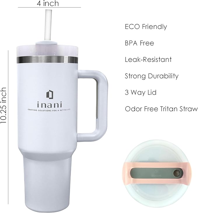 inani 40oz Tumbler With Handle And Straw, Insulated Travel Cup, Leak-Resistant, Spill-Proof Lid, Dishwasher Safe, BPA-Free, Double-Wall Insulated Premium Mug For Hot Or Iced Beverage, Frost White