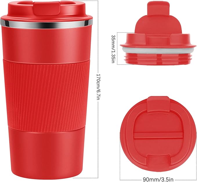 17oz Travel Coffee Cups Insulated Mug Thermal Tumbler to Go with Lid Leak Proof Reusable Stainless Steel Coffee Mug Spill Proof for Hot and Iced Cold Drinks (Red, 510ml)
