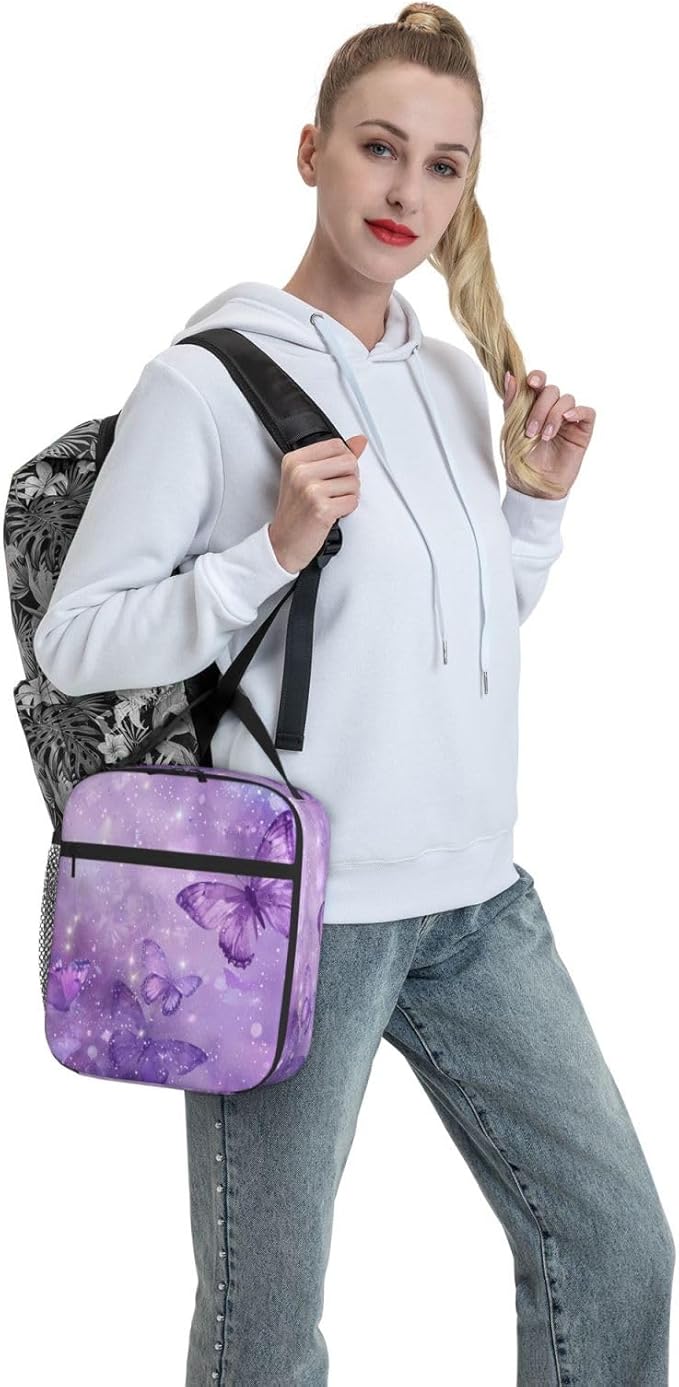 SUPLUCHOM Lunch Bag Butterfly Purple Pastel Insulated Box Reusable with Side Pocket for Girl Boy Women Men Work School Picnic Hiking Daytrip Over 3 Years Old