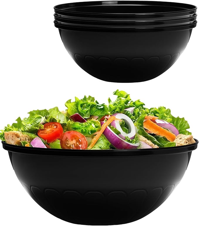 BESTVIP 150oz 4 Pack Black Plastic Serving Bowls for Party, Disposable 11.6" Large Salads Container for Snacks, Chips, Meal Prep, Stackable Candy Dishes for Halloween, Christmas, Holiday, Reusable
