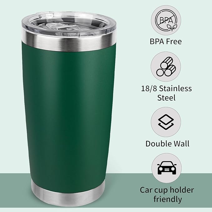 20oz Stainless Steel Tumbler Bulk with Lid, Travel Mug - Double Wall Vacuum Powder Coated Cup - Dark Green, 12 Pack