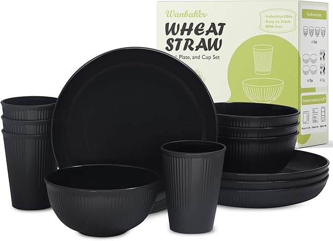 Wheat Straw Dinnerware Sets, Kitchen Unbreakable Wheat Straw Plates and Bowls Sets for College Dorm Apartment Reusable Black