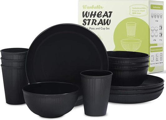 Wheat Straw Dinnerware Sets, Kitchen Unbreakable Wheat Straw Plates and Bowls Sets for College Dorm Apartment Reusable Black