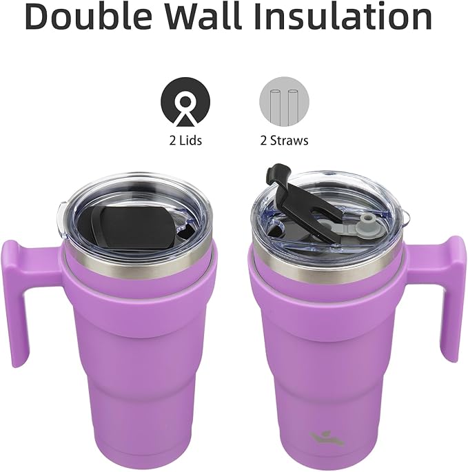 20 oz Tumbler with Handle and 2 Straw 2 Lid, Insulated Water Bottle Stainless Steel Vacuum Cup Reusable Travel Mug,Lavender