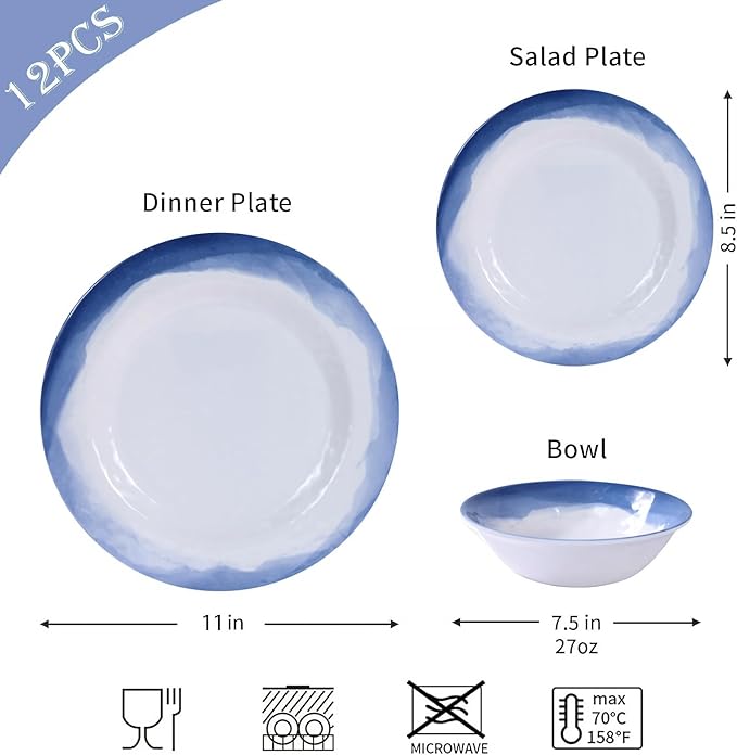 Melamine Dinnerware Sets- 12pcs Melamine Plates and Bowls Set for 4, Suitable for Indoor and Outdoor Use, Blue
