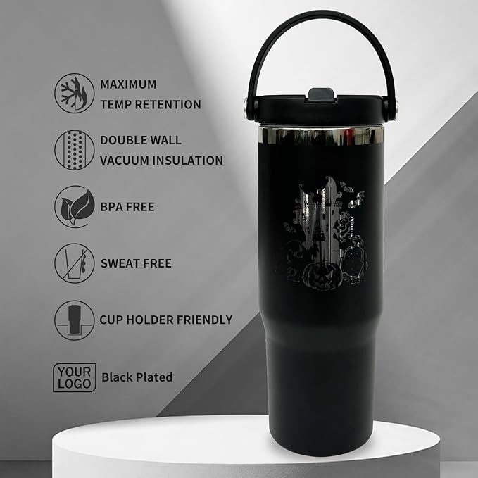 30 oz Tumbler with Handle, Double Wall Vacuum Insulated Tumblers with Flip Straw, Coffee Mug 30oz Powder Coated Cup for Hot and Cold Drinks(Black Plated, Black,4 pack)