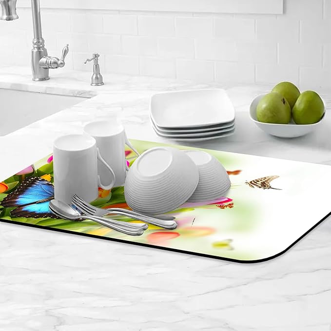 Tulips Butterflies Dish Drying Mats for Kitchen Counter Absorbent Fast Dry Dish Drainer Rack Mats for Dishes Utensils Pot and Pan, Kitchen Accessories 24"x16"
