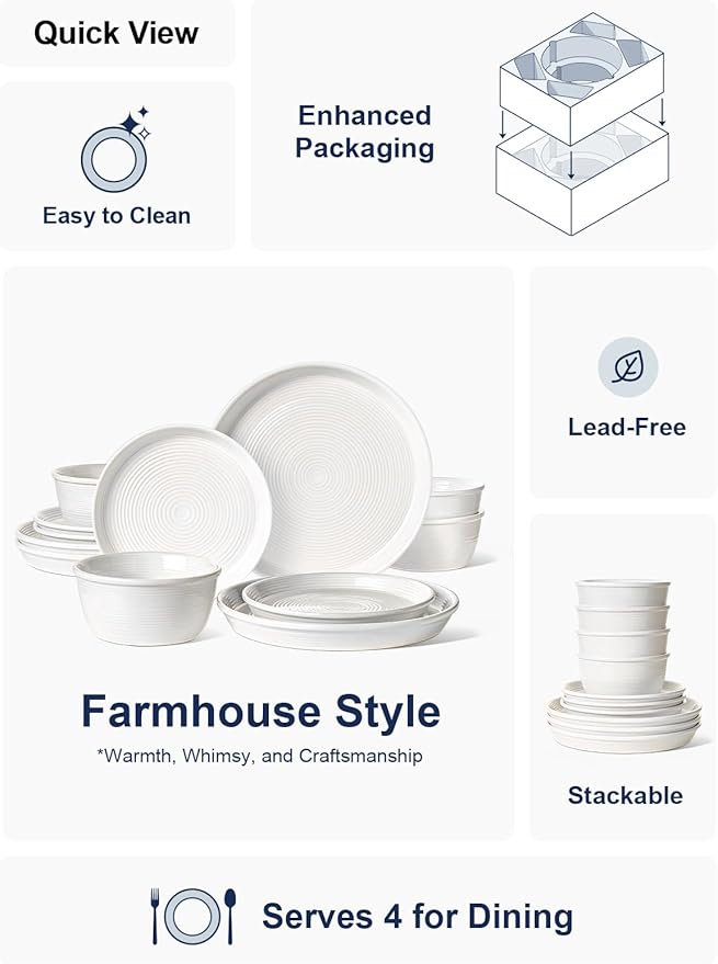 LE TAUCI 12‑Piece Ceramic Plates and Bowls Set, Service for 4 – White Farmhouse Dinnerware Sets with Deeper Plates (10" Dinner, 8" Salad, 6" Bowls), Dishwasher & Microwave Safe Stoneware Dishes