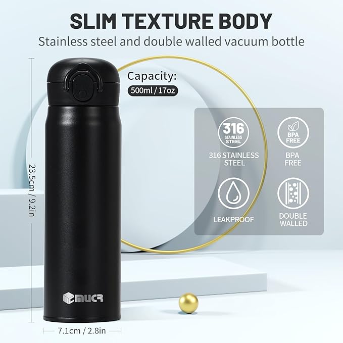 17 oz / 500 ml Insulated Water Bottle, Stainless Steel Thermo Coffee Travel Mug, Thermal Cup with Snap Flip Lid, BPA Free for Hot and Cold Drinking, Black