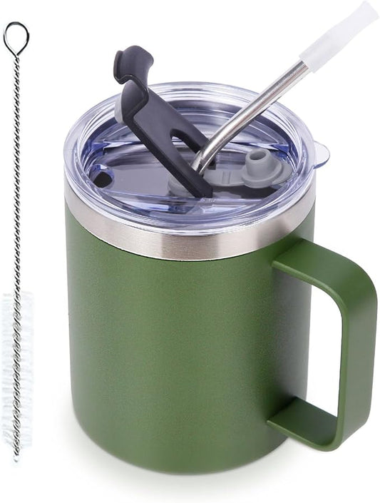 Volhoply 12oz Insulated Leakproof Coffee Mug with Flip & Straw Lid,Double Wall Vacuum Stainless Steel Travel Tumbler Cup with Handle,Reusable Camping Mugs Keep Cold/Hot(Army Green,1 Set)