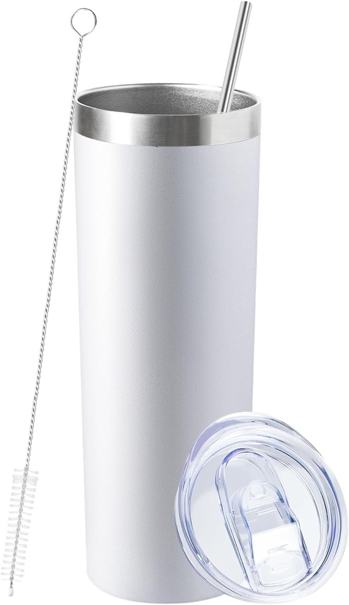 20 oz Skinny Tumbler with Lid and Straw,Stainless Steel Vacuum Insulated Tumbler Cup Double Wall Leak-proof Coffee Mug,Travel Thermal Water Tumbler for Home,Office,Outdoor(White,1)