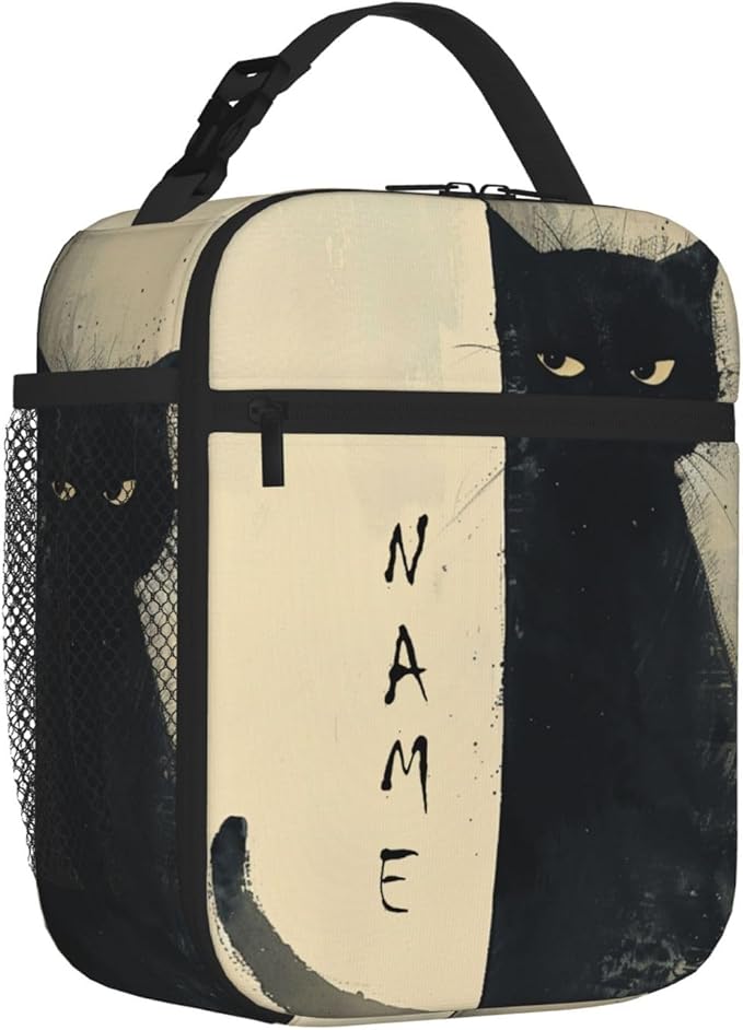 SUPLUCHOM Custom Lunch Bag With Name Cat Vintage Personalized Insulated Box Customized Food Tote Container Side Pocket for Work School Picnic Hiking Daytrip Kids Boys Girls Women Men Over 3 Years Old