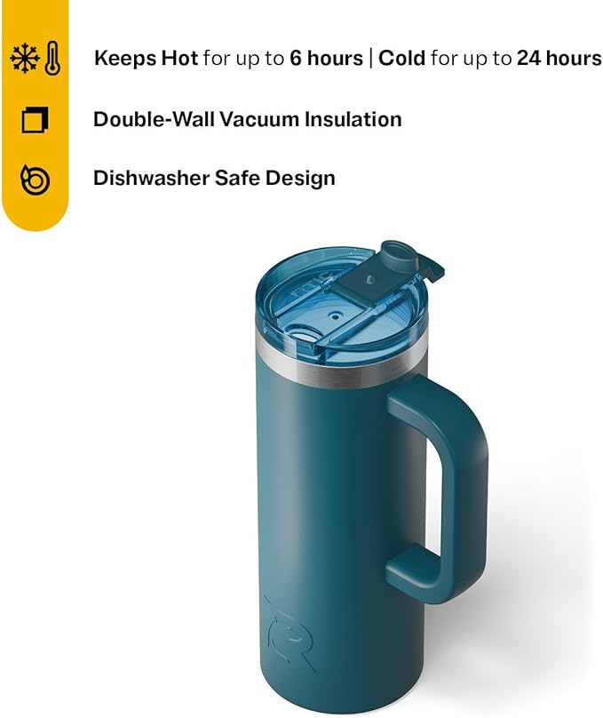 RTIC 20oz Road Trip Travel Mug with Lid and Handle, Ceramic Lined, Insulated, Stainless Steel, Metal, Double Wall Vacuum-Insulation, Portable Coffee, Tea Cup for Hot and Cold Drink, Marine