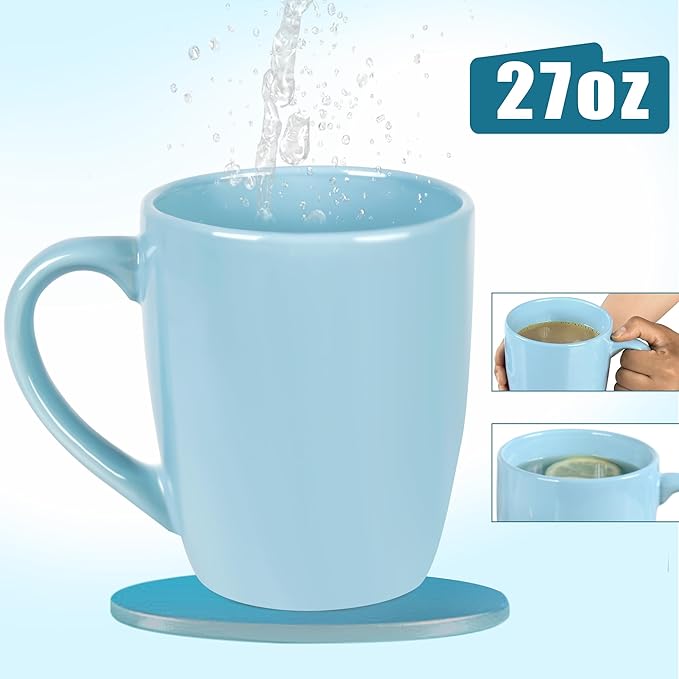 27OZ Extra Large Ceramic Coffee Mug, Jumbo Coffee Mugs, Big Tea Cups with a Large Handle for Office and Home set of 2 (Light blue)