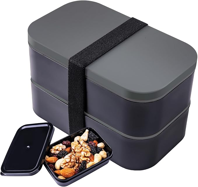Stackable Bento Box with Utensils Microwave Safe, All-in-One Meal Prep Compartment Lunch Containers Leak Resistant Lunch Box with Sauce Container 60oz Gray(without bag)