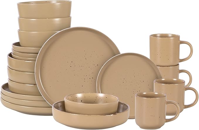 HomeVss, Nordic Shape Rising Rim Stoneware 20pc Dinnerware Set, Matte Beige with Speckle Finished Effect