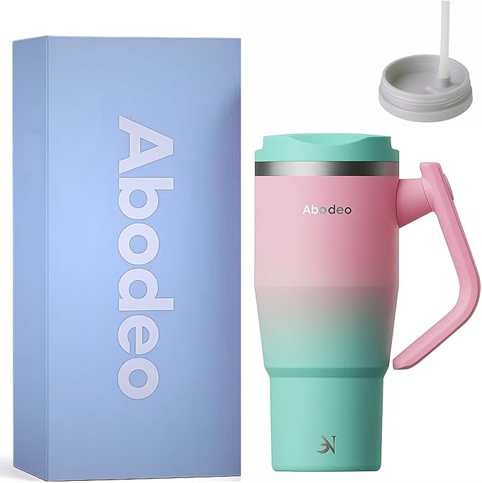 Travel Coffee Tumbler 40 oz - Iced Coffee Mug with Straw and Leakproof Lid, Insulated Stainless Steel Tumbler with Rotatable Handle - Fits Most Car Cup Holders (Green & Pink)