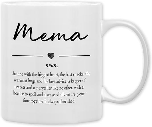 QASHWEY Mema Gifts Coffee Mug, Gifts for Memas Grandma from Grandkids Grandchildren, Grandma Coffee Mug, Mothers Day Mugs Tea Cup Gift for GrandmaMema, Mema Definition CoffeeCup Ceramic 11oz