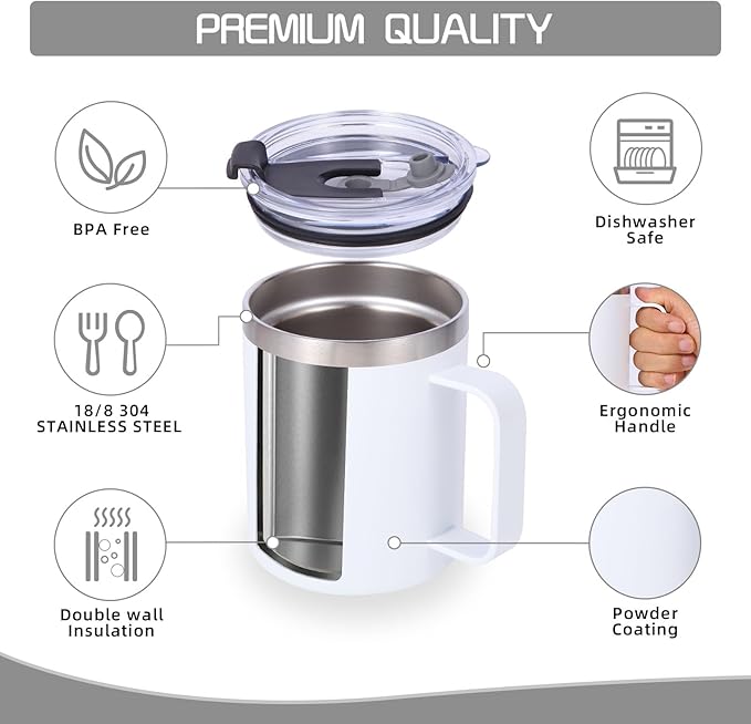 Volhoply 12oz Insulated Leakproof Coffee Mug with Flip & Straw Lid Bulk 2 Pack,Double Wall Vacuum Stainless Steel Travel Tumbler Cup with Handle,Reusable Camping Mugs Keep Cold/Hot(Assorted,2 Set)