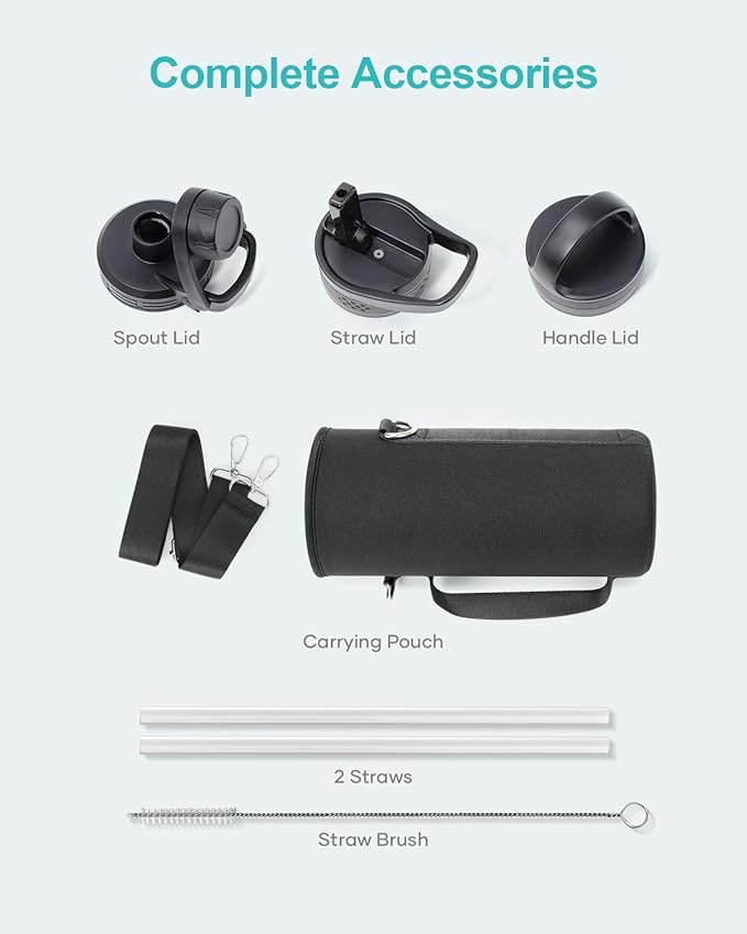 BUZIO 40 oz Water Bottle Insulated with Straw & 3 lid and Carrying Pouch, Leak Proof Anti-Slip Stainless Steel Water Flask Jug, Cold for 48 Hrs Double Vacuum Thermo Canteen, BPA-Free, Ruby Red Navy