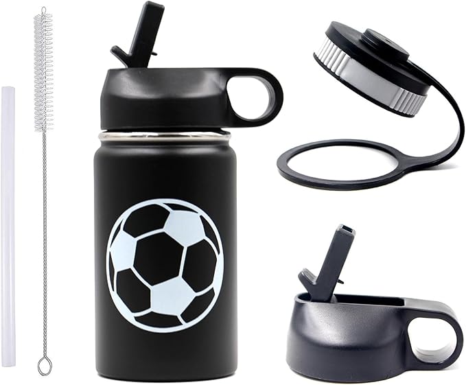12 oz Soccer Water Bottle, Metal Sports Flask Travel Tumbler with 2 Lids, BPA Free Stainless Steel Leak Proof Double Wall Vacuum Insulated Water Bottles, Soccer Gifts for Boys Girls Player Fans