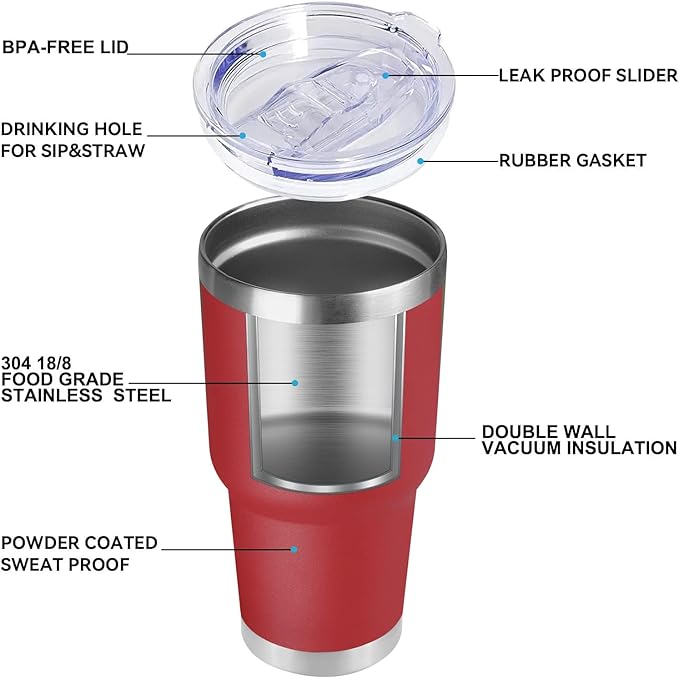 DOMICARE 30oz Tumbler Bulk with Lid and Straw, Double Wall Travel Coffee Mug, Insulated Vacuum Stainless Steel Tumblers, Powder Coated Tumbler Cup (Red, 8)