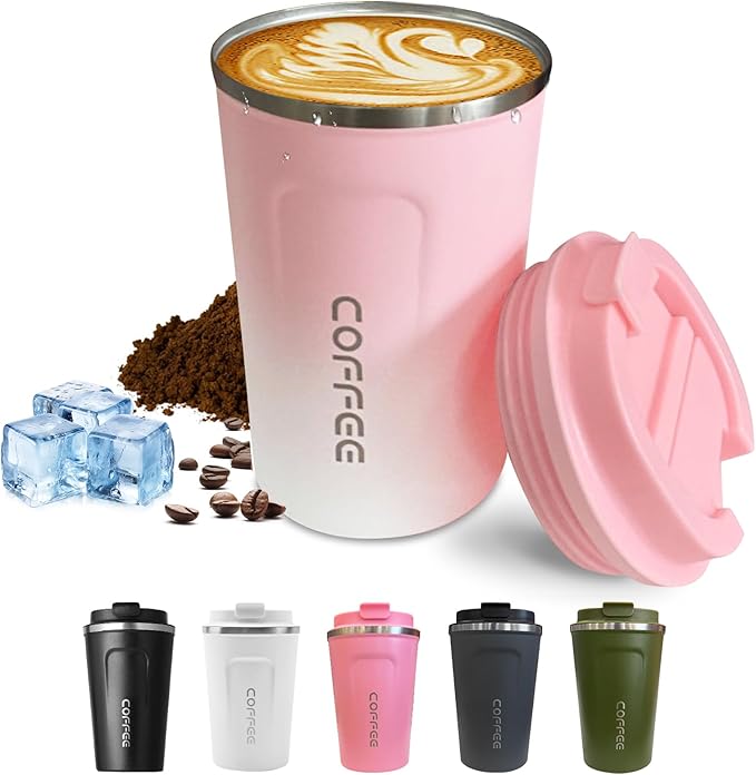 Travel coffee mugs leak-proof, reusable coffee cups with lids, stainless steel vacuum thermos coffee tumblers,thermal insulation cups for men and women hot & cold drinks(2nd-Pink White, 17OZ)