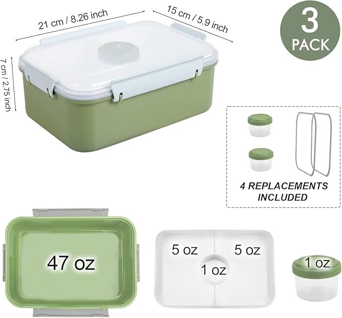 Shopwithgreen Set of 3 Salad Food Storage Container To Go, School & Travel,Food Prep Storage Containers with Lids (Khaki Green&Khaki Green&Khaki Green)
