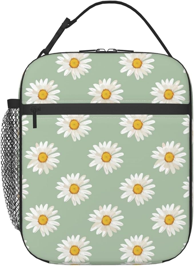 Reusable Daisy Lunch Box for Kids Girls Boys Women Adult, Insulated Floral Lunch Bag,Polyester Cooler Flower Handbags Case for School Picnic Work Travel Beach or Hiking (Light Green)