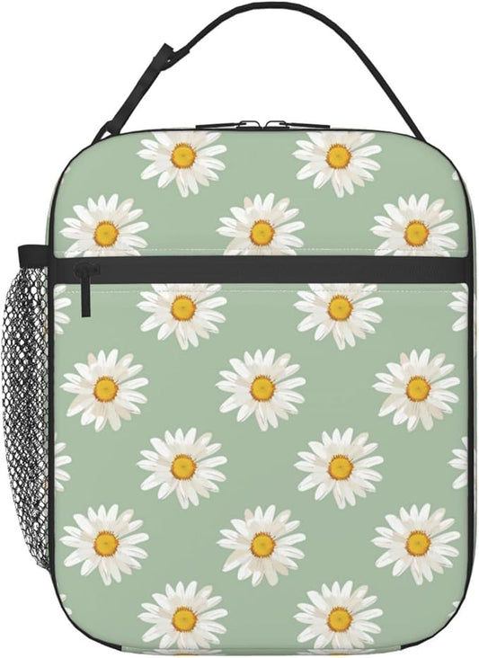 Reusable Daisy Lunch Box for Kids Girls Boys Women Adult, Insulated Floral Lunch Bag,Polyester Cooler Flower Handbags Case for School Picnic Work Travel Beach or Hiking (Light Green)