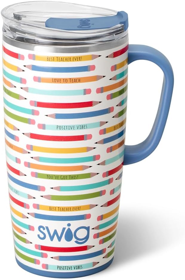 Swig Life 22oz Travel Mug, Insulated Tumbler with Handle and Lid, Cup Holder Friendly, Dishwasher Safe, Stainless Steel, Insulated Mug with Lid, Teacher Gifts for Women (Teacher Life)