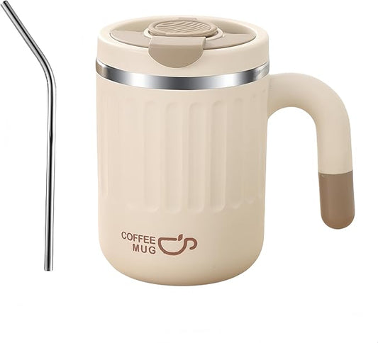 16oz Insulated Coffee Mugs - Ideal for Indoor Office Use. Features SUS 304 Inner, Double Wall Insulation, Detachable Silicone Ring. 3 Drinking Options. Available in White, Brown, Pink (White)