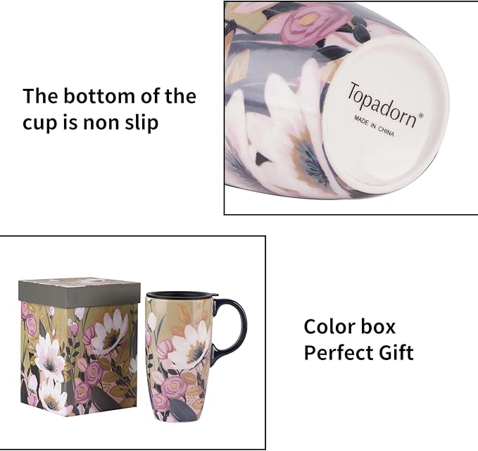 Topadorn Ceramic Mug Coffee Cups with Spill-Proof Lid Latte Mugs for Home and Office with Gift Box,White and Pink Flowers