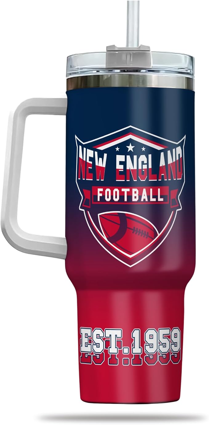 Personalized Football Tumbler with Handle & Straw, 40oz Stainless Steel Insulated Travel Mug, Custom Name & Number Cup, Game Day Coffee Fan Gift (New England)