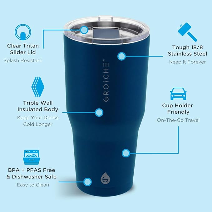 GROSCHE Yukon 30 oz Insulated Coffee Mug with Lid - Durable Travel Mug, Stainless Steel Tumblers, Vacuum Insulated Coffee Tumbler for Hot or Cold Beverages - BLUE