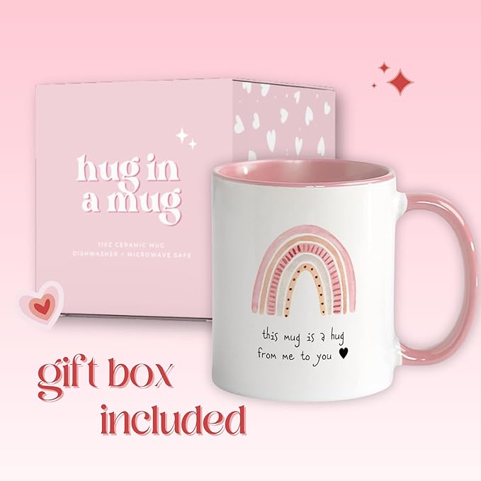 Unboxme Gifts Hug in a Mug – 12 oz Pink Coffee Mug with Heartfelt Quote – A Gift for Best Friend, Sister or Mom to Feel Your Love, Encouragement & Cheer from Afar