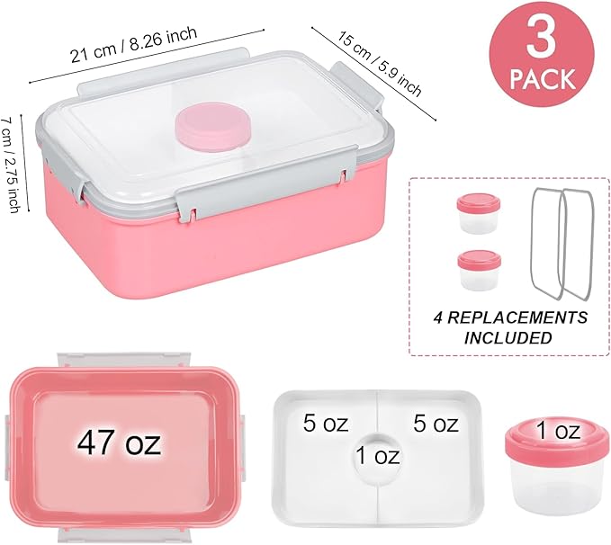 3 Pack Salad Lunch Box Food Storage Containers, 47oz Bento Box To Go Container with Lids, Meal Prep Containers with Removable Tray & Dressing Pots for Kids and Adults, Reusable and Microwave Safe