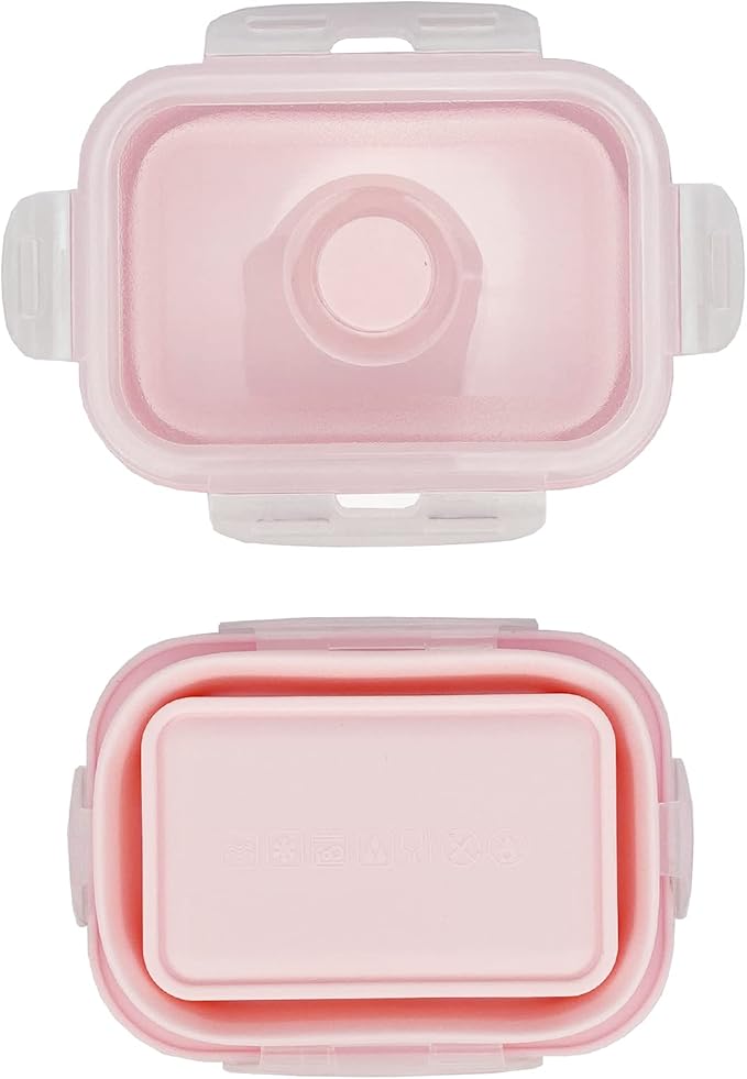 CCyanzi 3piece Collapsible Food Storage Containers with Lids, Silicone Lunch Container, Microwave & Freezer Safe, Space Saving for Kitchen Cabinet and Camping Backpack,(pink)
