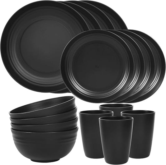 Quatish 16 Piece Plates and Bowls Sets for 4, Unbreakable Dinnerware Sets, Plastic Dish Set for Camping, Dishwasher Microwave Safe, Outdoor Kitchen and Apartment Dinning RV Essentials, Black