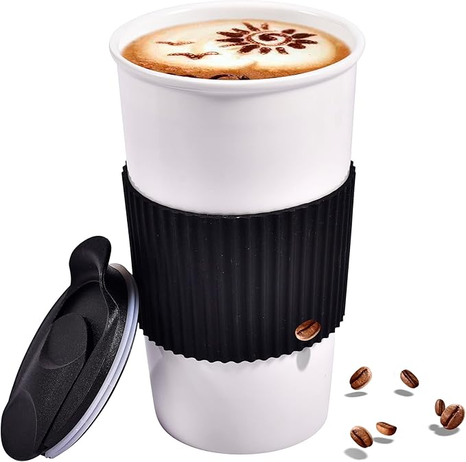 Ceramic Travel Coffee Mug with Non-Slip Silicone Sleeve, and Slider Splash Resistant Lid, To Go Tumbler for Car Cup Holder, Reusable White Coffee Cup, Gifts for Women Men Him Her, 12 oz, Black