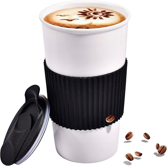 Ceramic Travel Coffee Mug with Non-Slip Silicone Sleeve, and Slider Splash Resistant Lid, To Go Tumbler for Car Cup Holder, Reusable White Coffee Cup, Gifts for Women Men Him Her, 12 oz, Black