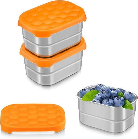 TeamFar 3 Pack 8oz Stainless Steel Snack Containers, Food Container with Silicone Lid Easy Open Leakproof, 8 oz Metal Toddler Kid Lunch Bento Box for Daycare Home Work Picnic, Orange