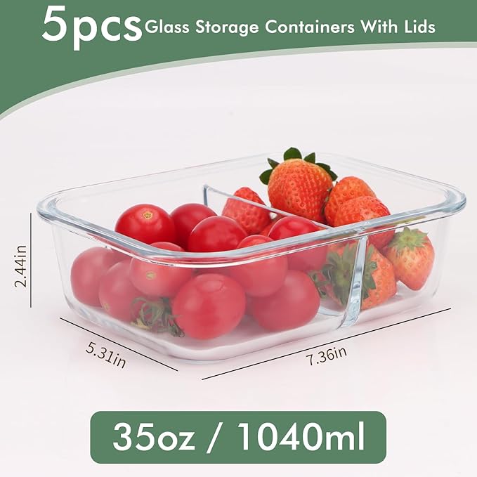 5 Pcs 35oz Glass Food Prep Containers with Airtight Lids,Bento Boxes for Lunch, 2 Compartment Lunch Box,Glass Storage Containers with Lids - Light Gray