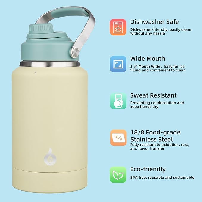 BJPKPK 64oz Insulated Water Bottles, Dishwasher Safe Half gallon Water Bottle with Metal Handle, BPA Free Spout Lid & Detachable Bowl, Large Stainless Steel Jugs, Chartreuse