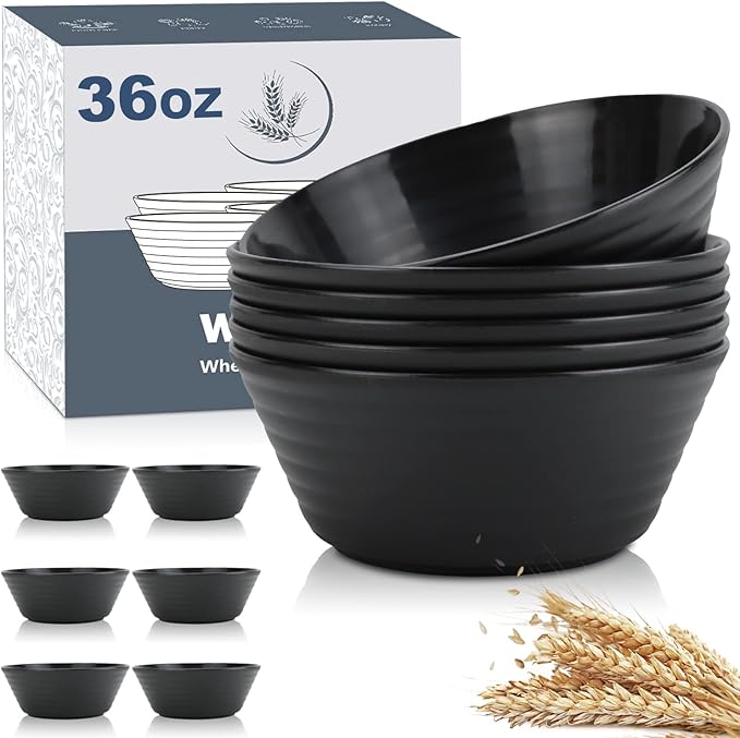 Wrova Wheat Straw Bowl Sets,6 PCS Unbreakable Cereal Bowl 36 OZ,Microwave and Dishwasher Safe Bowls,Soup Bowl Sets BPA Free Apartment Bowl for Serving Cereal,Oatmeal and Salad (Black)