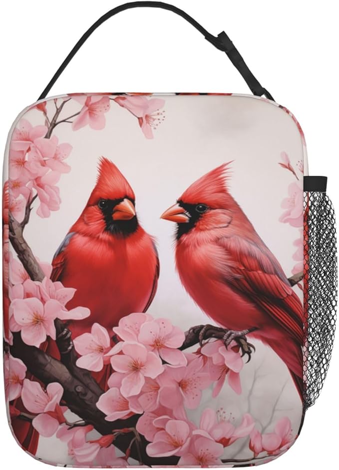 Cardinal Cherry Blossom Insulated Lunch Box, Reusable Thermal Lunchbox with Red Bird and Pink Floral, Portable Handbags for Office, Beach, Camping, Road Trip, Hiking, Gifts for Girls Women