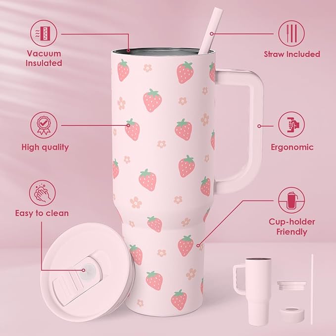 Strawberry Tumbler with Handle 40oz – Insulated Stainless Steel Travel Coffee Mug Cup for Girls Women, Gift for Christmas, Birthday