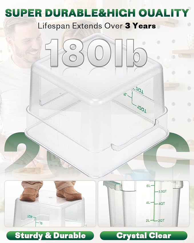 2QT&4QT NSF Food Storage Containers: 8 PCS[Food Grade] [Hot&Cold Resistant] Commercial Clear Square Food Storage Containers with Scales Handles for Home Restaurant Kitchen(BPA FREE)