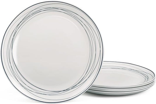 10.5 inch Dinner Plate Set of 6, Lightweight Round Opal Glass Dinnerware Plates, Dishwasher and Microwave Safe, Blue Modern Geometric Design